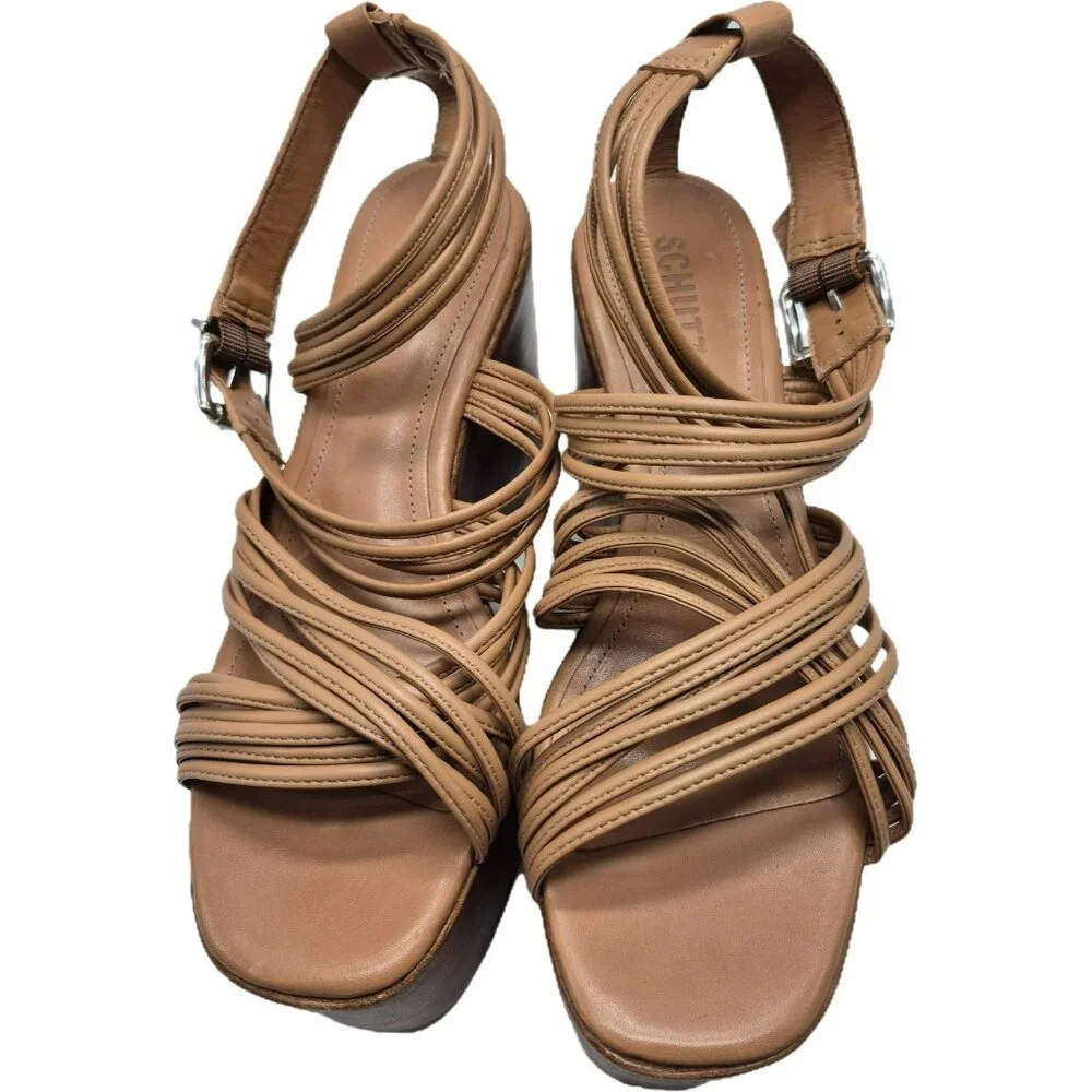 Schutz Marcella Wedge Tan Leather Strappy Platform Sandals Women's 8.5M - Picture 12 of 16